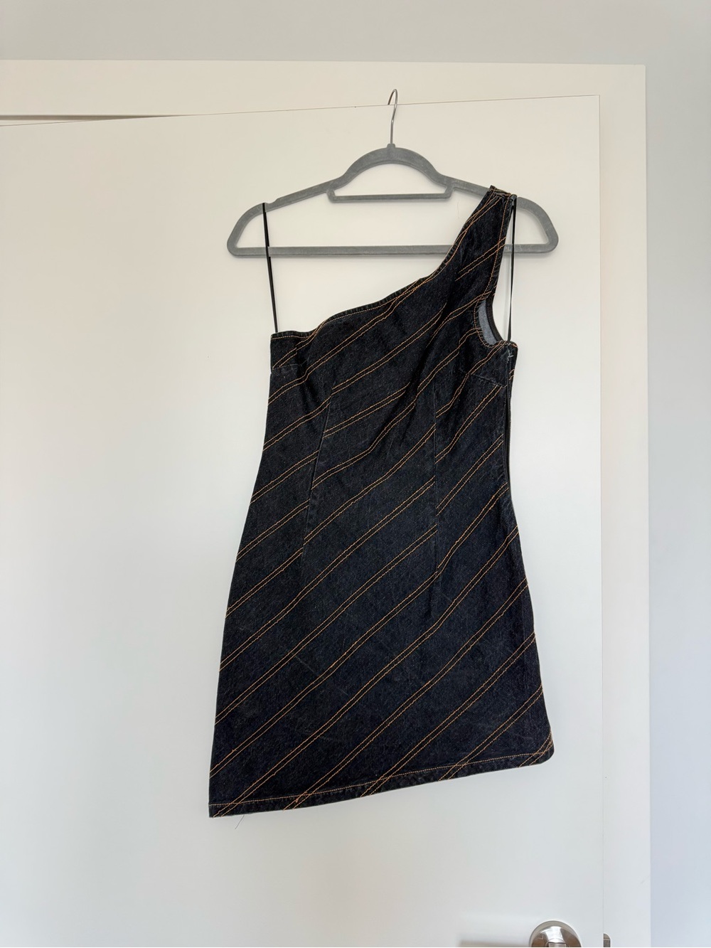 Lioness Black One-Shoulder Denim Mini Dress with Brown Contrast Stitching